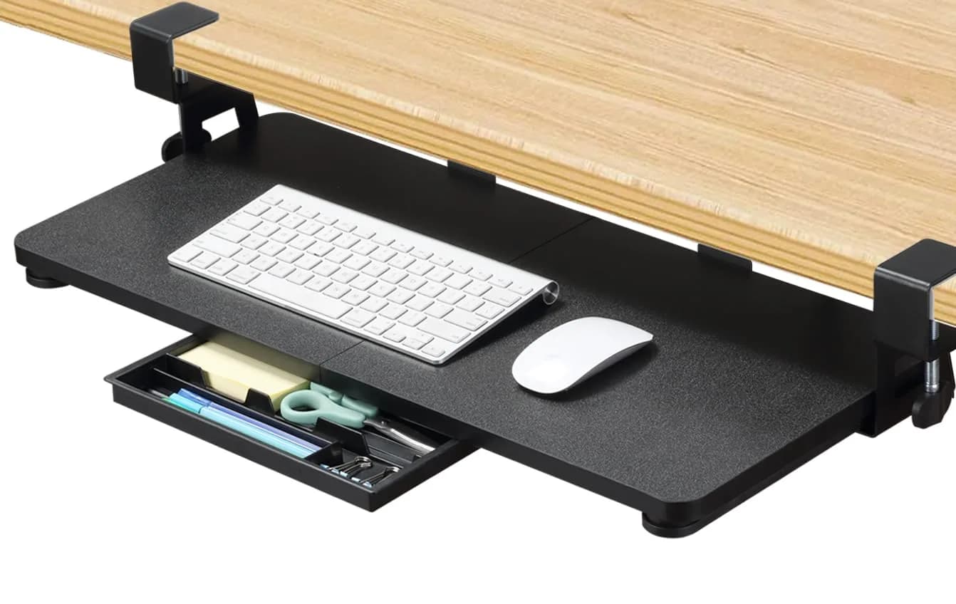 ETHU Under Desk Keyboard Tray with C-Clamp, 68cm (26.77") x 30cm (11.81"), White | Ergonomic Sliding Computer Keyboard Stand for Home and Office — Black