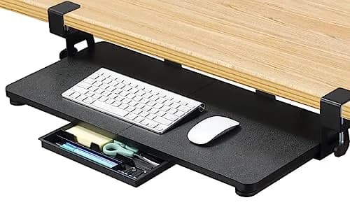 ETHU Under Desk Keyboard Tray with C-Clamp, 26.77x11.81" (68cm x 30cm) Black | Ergonomic Sliding Computer Keyboard Stand for Home and Office thumbnail 1