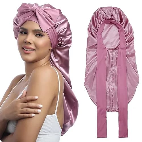AWAYTR Long Satin Bonnet for Braids - Double Layer Hair Bonnet for Sleeping, 68cm (27in) thumbnail 1