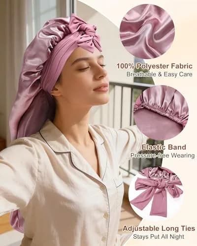 AWAYTR Long Satin Bonnet for Braids - Double Layer Hair Bonnet for Sleeping, 68cm (27in) thumbnail 2