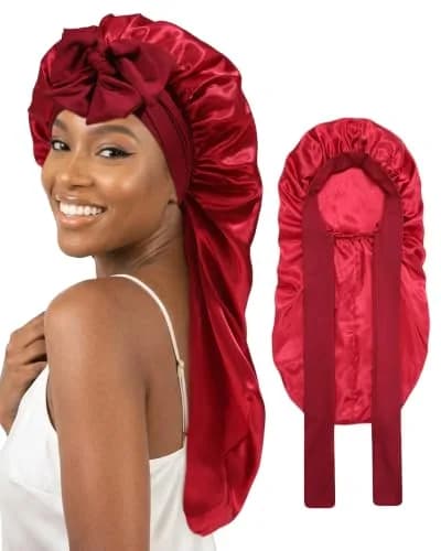AWAYTR Long Satin Bonnet for Braids - Double Layer Hair Bonnet for Sleeping, 68cm (27in) Wine Red thumbnail 1