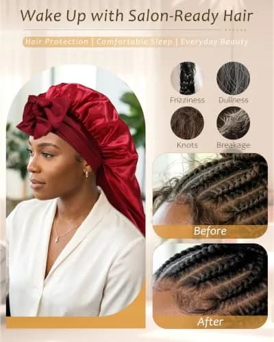 AWAYTR Long Satin Bonnet for Braids - Double Layer Hair Bonnet for Sleeping, 68cm (27in) Wine Red thumbnail 4