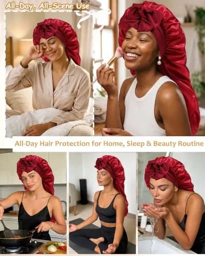 AWAYTR Long Satin Bonnet for Braids - Double Layer Hair Bonnet for Sleeping, 68cm (27in) Wine Red thumbnail 5