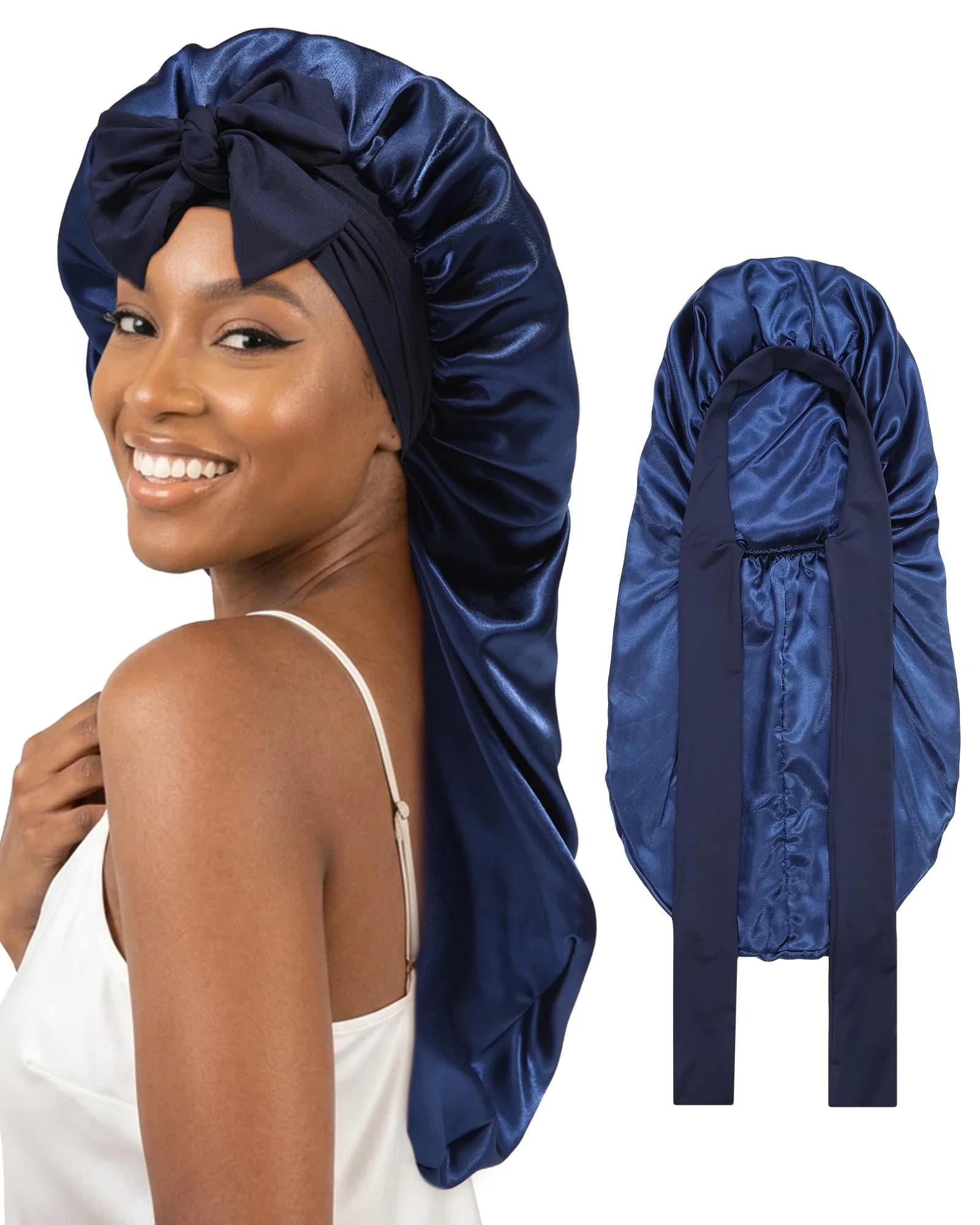 AWAYTR Long Satin Bonnet for Braids - Double Layer Hair Bonnet for Sleeping, 68cm (27in) Wine Red — Navy Blue