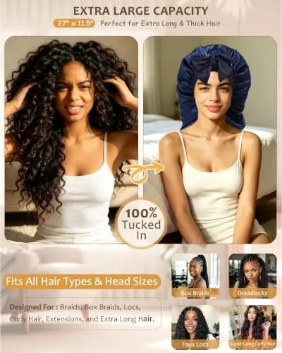AWAYTR Long Satin Bonnet for Braids - Double Layer Hair Bonnet for Sleeping | Adjustable Elastic Tie, Moisture Lock, Suitable for Long & Thick Hair thumbnail 2