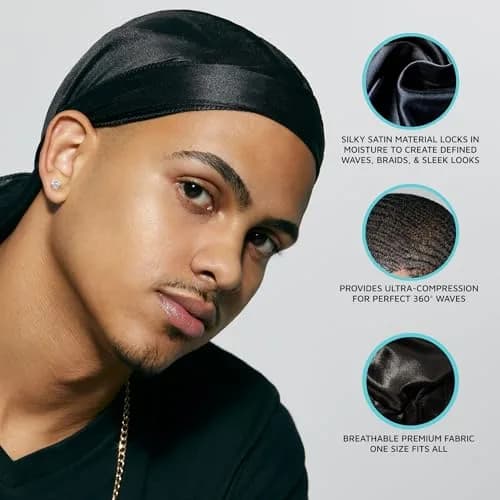 KISS COLORS & CARE Power Wave Silky Satin Durag Black | Breathable Premium Fabric thumbnail 5