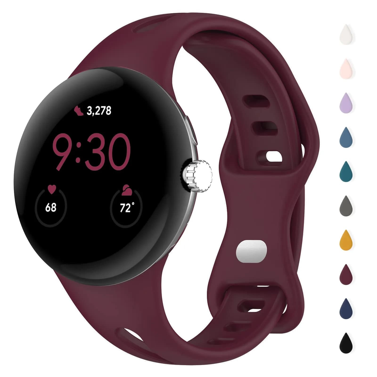 Eiavike Slim Silicone Watch Band for Google Pixel Watch 4/3/2/1 (41mm) - Dark Grey, 22mm | Breathable & Adjustable Sport Strap — Burgundy