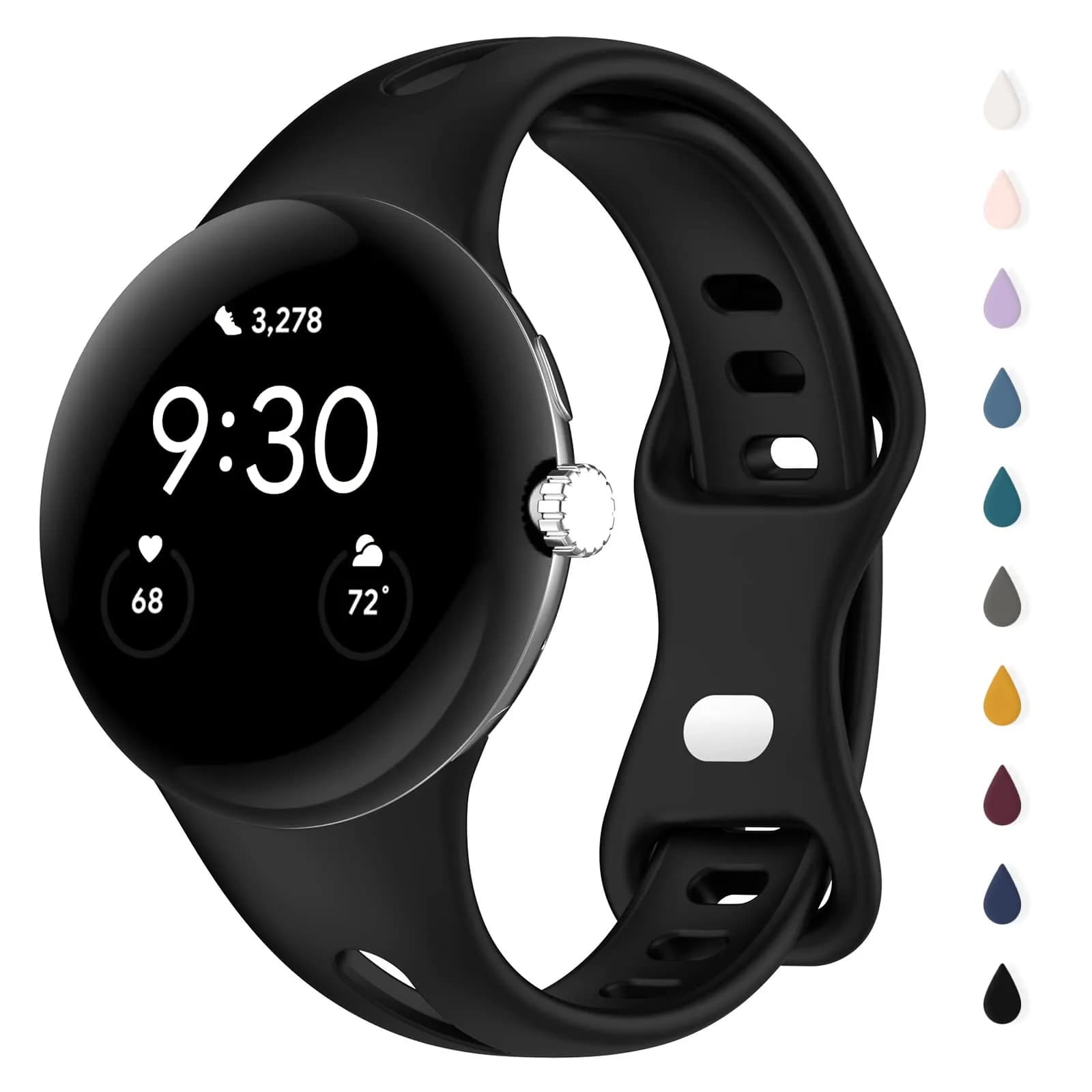 Eiavike Slim Silicone Watch Band for Google Pixel Watch 4/3/2/1 (41mm) - Dark Grey, 22mm | Breathable & Adjustable Sport Strap — Black