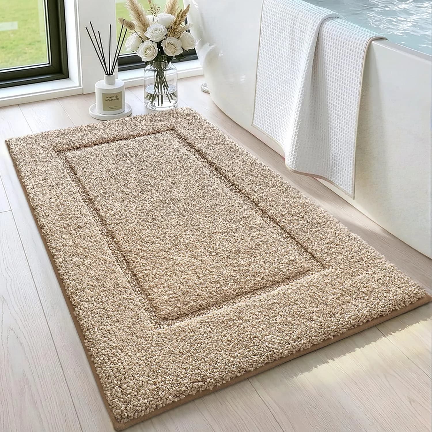 DEXI Grey Microfiber Bath Mat 61cm x 41cm (24"x16") | Soft, Absorbent, Non-Slip Bathroom Rug — Beige / 36" X 24" (Rectangular)