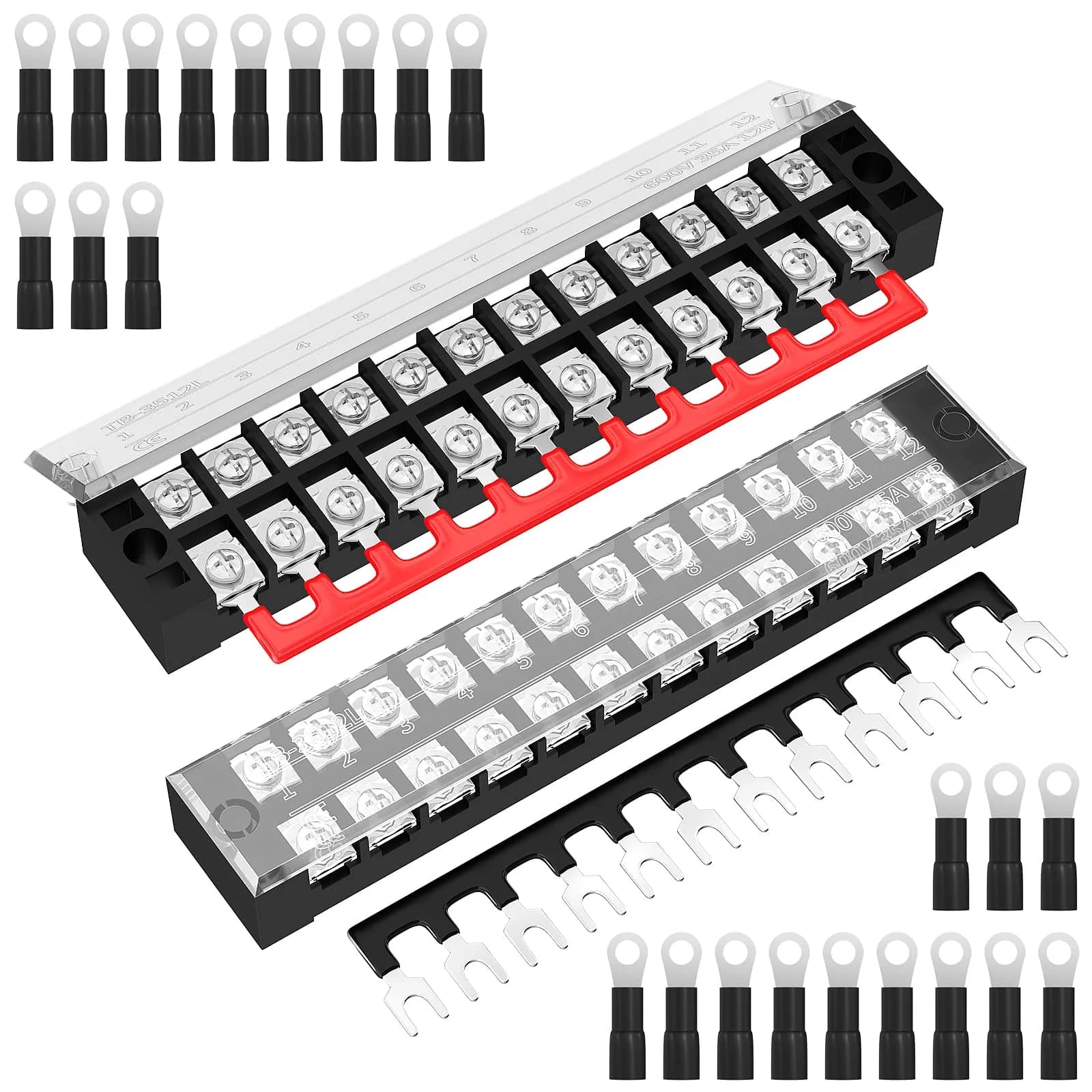 Joinfworld 35A 12 Position Terminal Block Set with Cover & Jumper Blocks (2 Sets) | Industrial Power Distribution