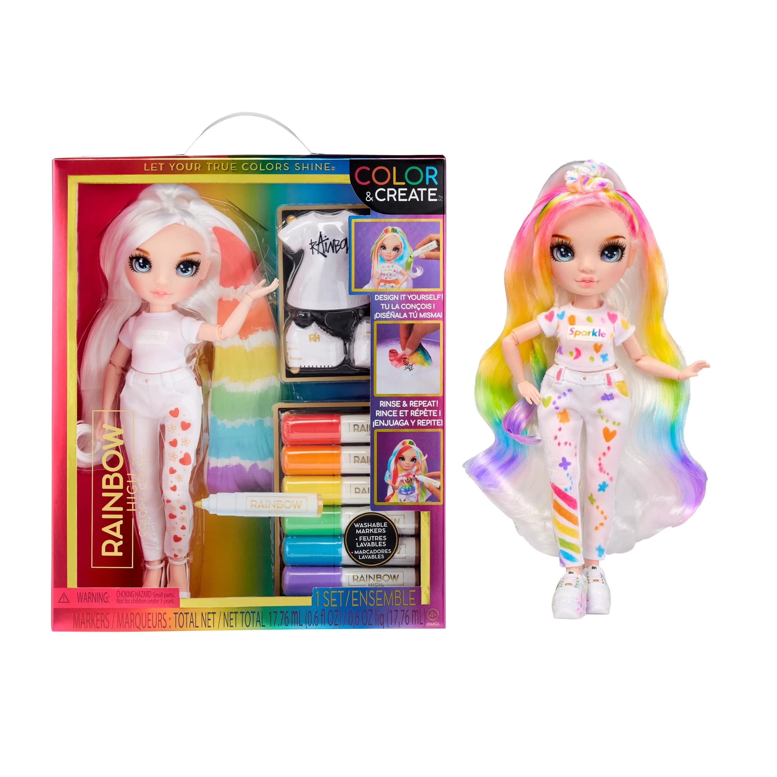 Rainbow High Color & Create Fashion DIY Doll with Washable Rainbow Markers | Inspire Creativity for Kids 4-12+ — Blue,green,orange,purple,rainbow,red,white