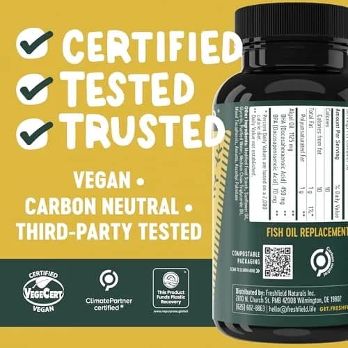 Freshfield Vegan Omega 3 Algae Oil Softgels 180 Count (500 mg Algae Oil) | Plant-Based DHA & DPA Supplement for Heart, Brain, Joint Health thumbnail 4