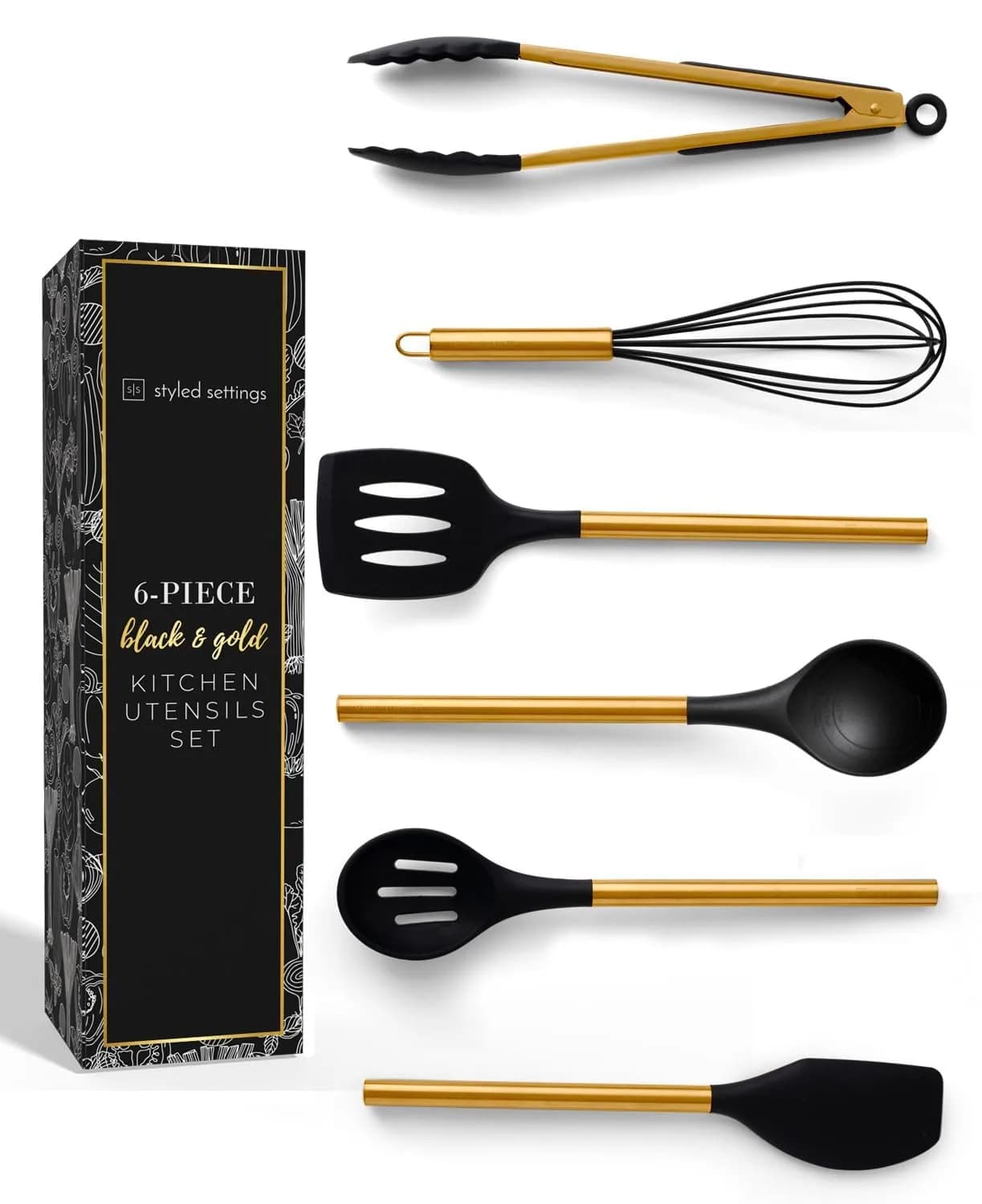 Styled Settings Black and Gold Kitchen Utensils Set with Holder, 8-Piece | Modern Nonstick Silicone & Ceramic Design — Black & Gold