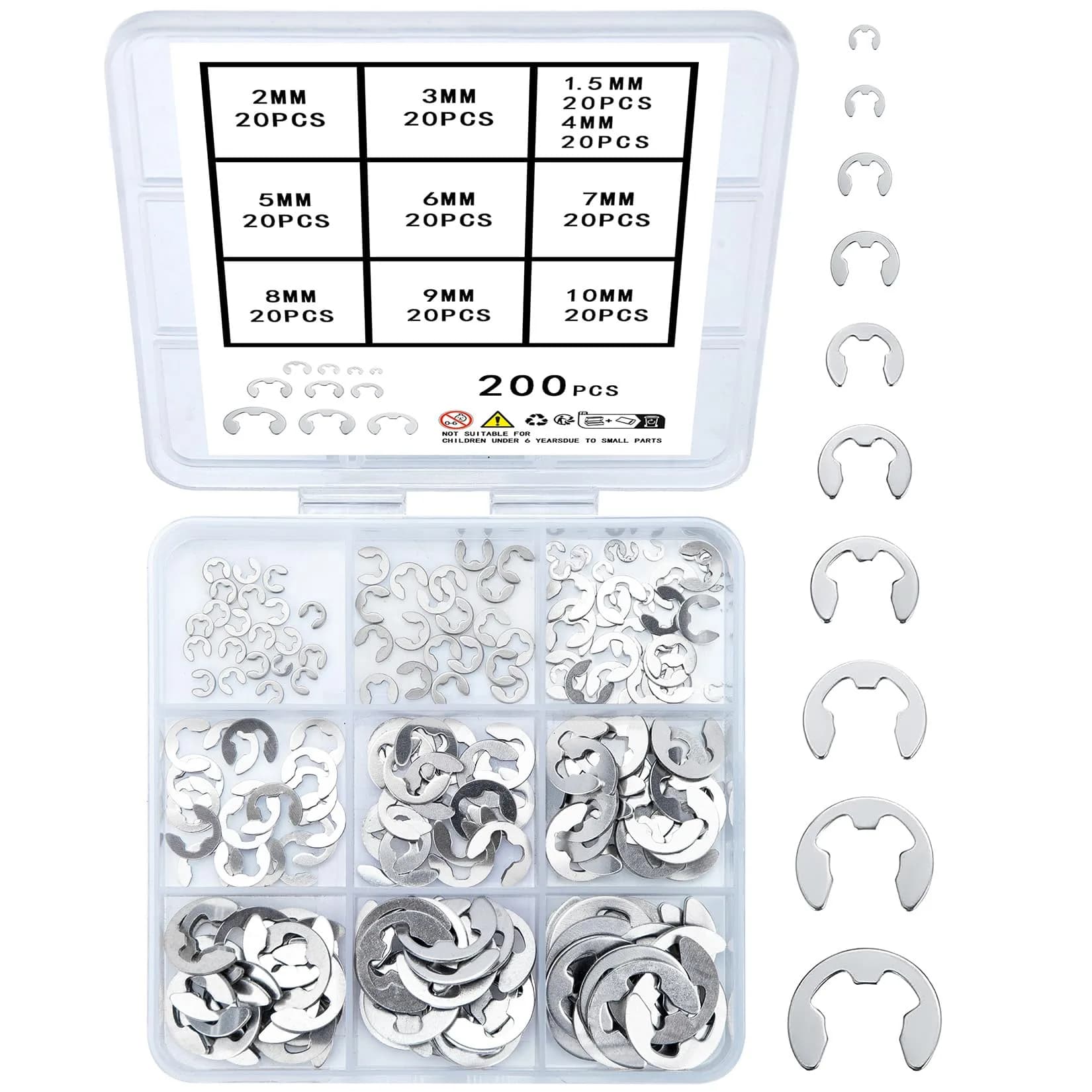 wugongshan Stainless Steel E-Clip Circlip External Retaining Rings Assortment Kit, 200 Pcs (M1.5-M10) | Essential for Shaft & Housing Fixation