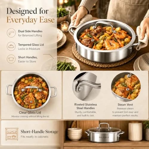 DELARLO 6QT Stainless Steel Saute Pan with Lid | Nonstick Deep Frying Pan for Versatile Cooking thumbnail 8