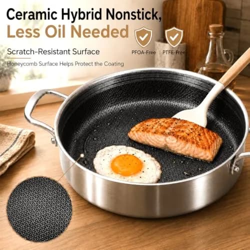 DELARLO 6QT Stainless Steel Saute Pan with Lid | Nonstick Deep Frying Pan for Versatile Cooking thumbnail 3