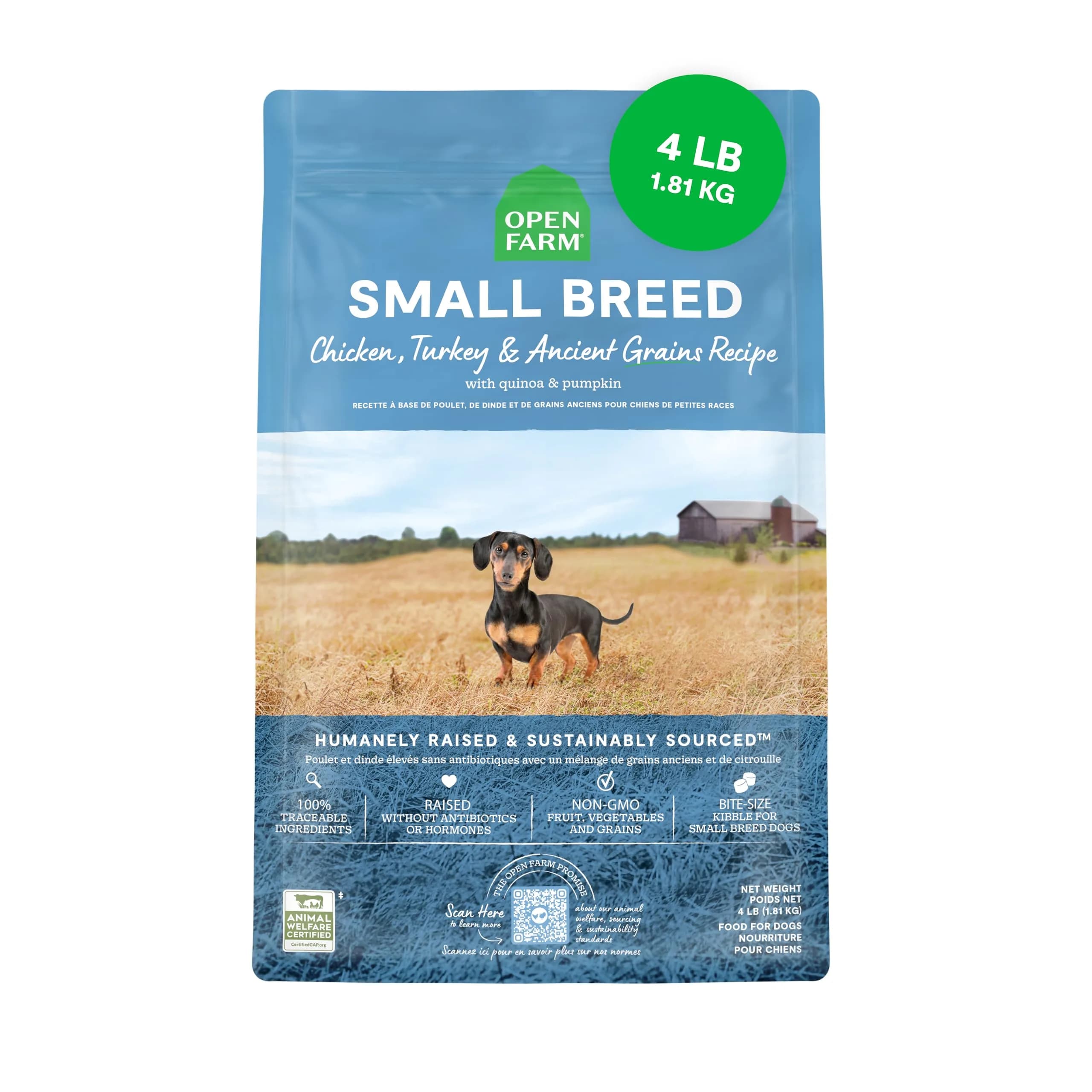 Open Farm Ancient Grains Dry Dog Food Small Breed Kibble 1.81 kg (4lb) | High Protein, Traceable Ingredients - main product image