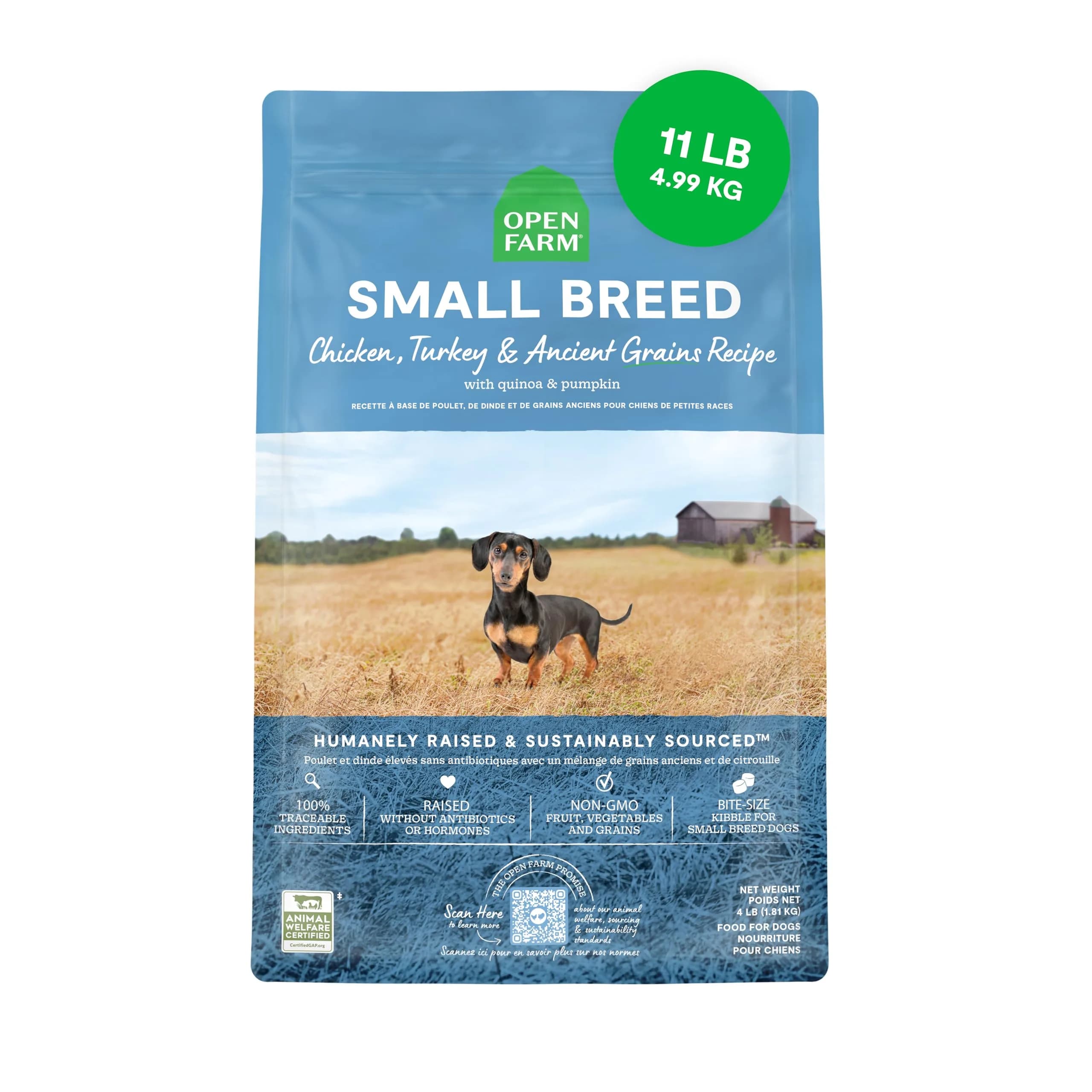 Open Farm Ancient Grains Dry Dog Food Small Breed Kibble 1.81 kg (4lb) | High Protein, Traceable Ingredients — Small Breed / 11 Pound