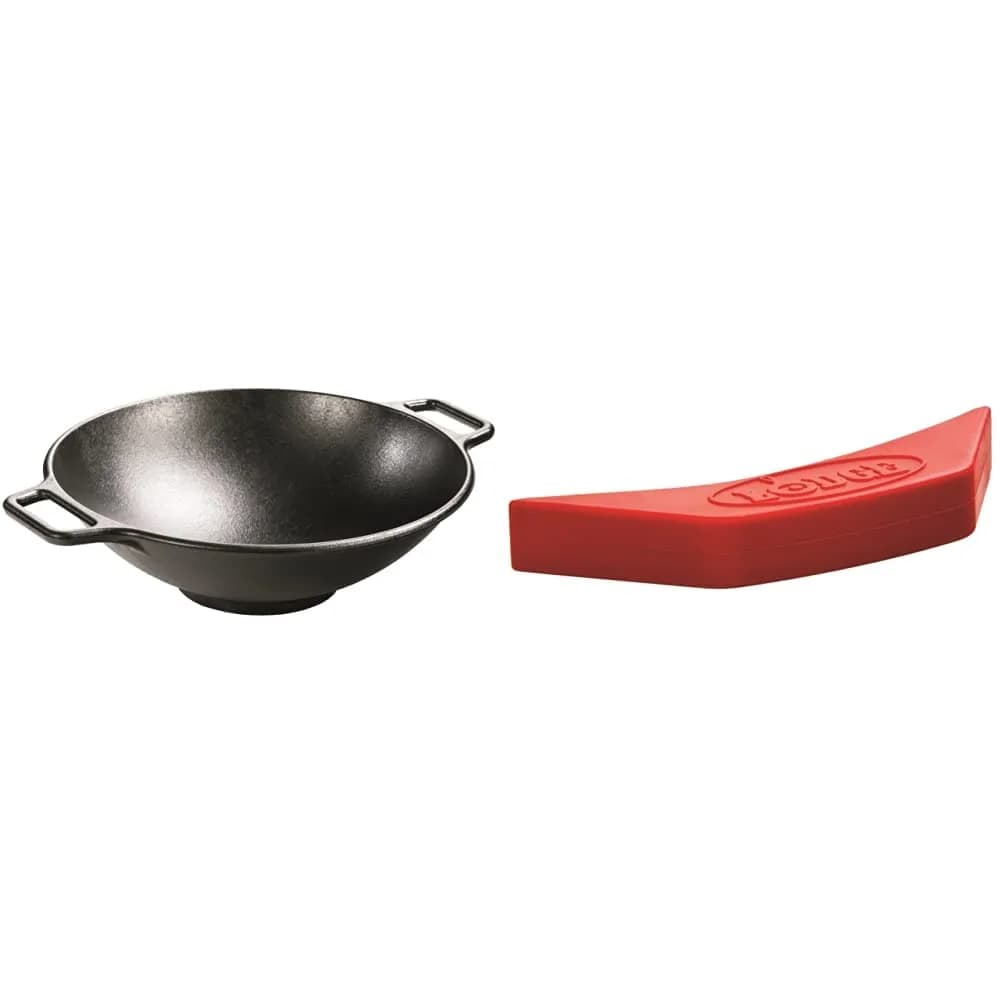 Lodge BOLD 14 Inch Seasoned Cast Iron Wok with Red Silicone Assist Handle Holder | Induction Compatible - main product image