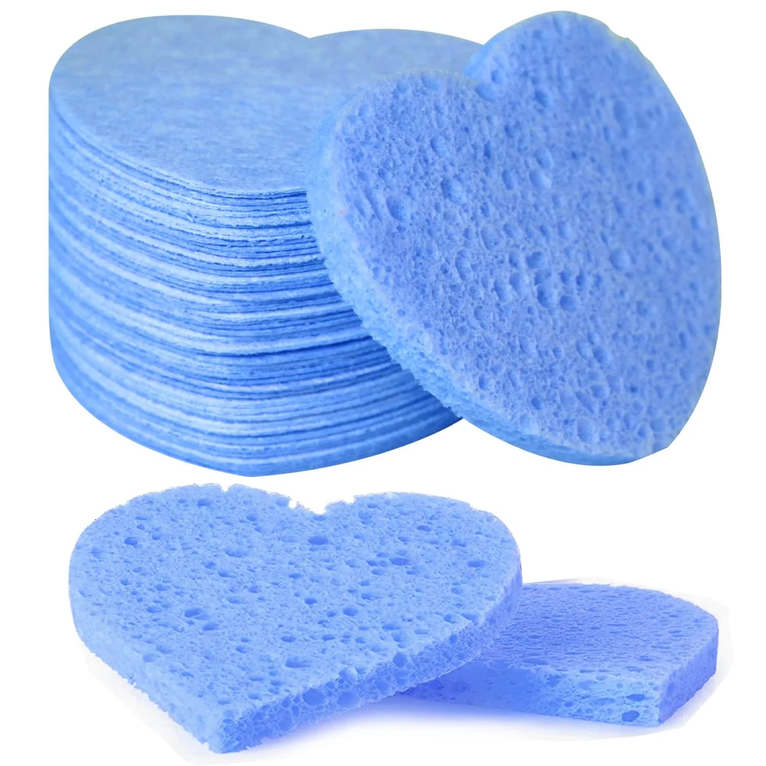 Spunspon Compressed Facial Sponges Pink Heart Shape 50 Count (1 Pack) | Gentle Daily Face Wash & Makeup Removal — 50- Pack Blue