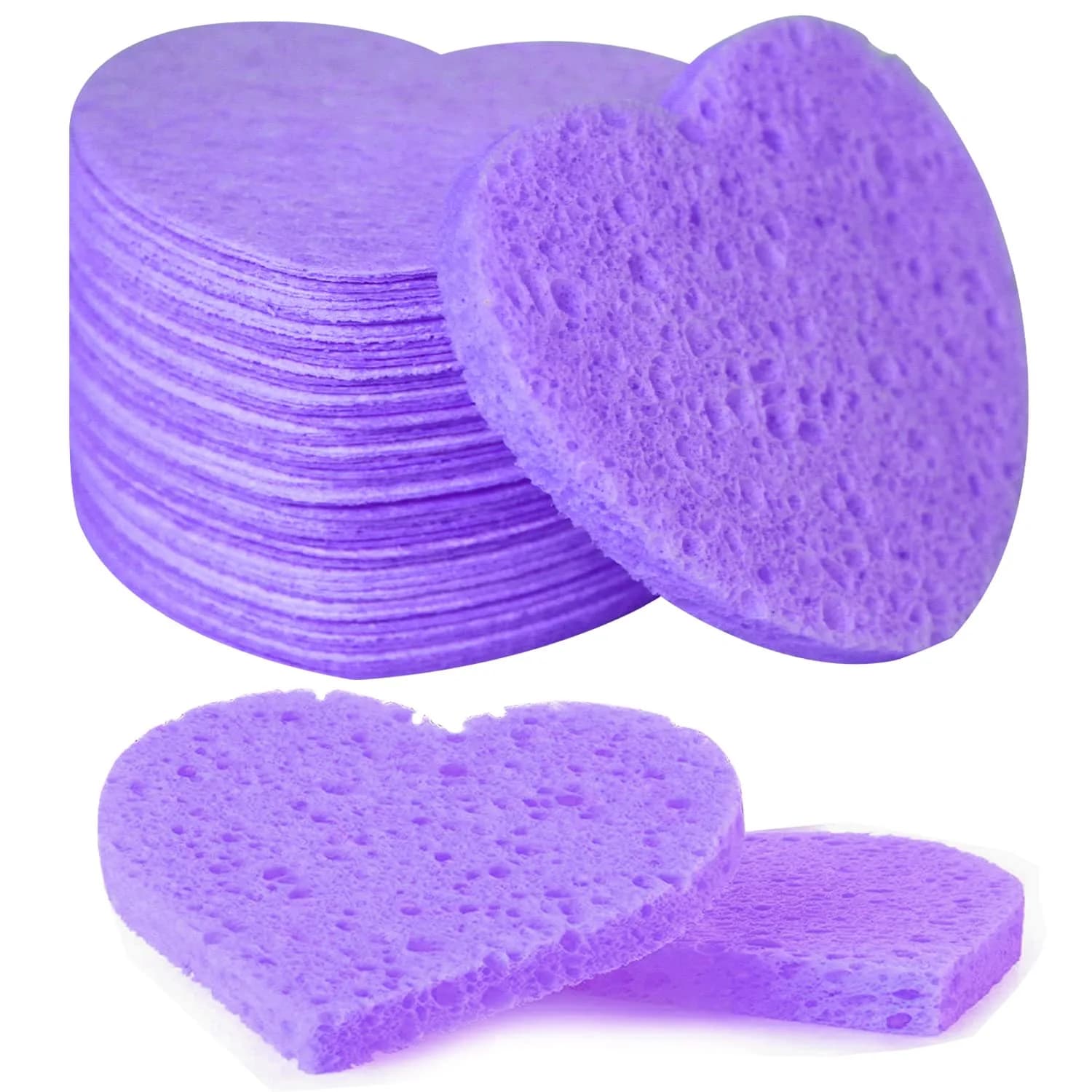 Spunspon Compressed Facial Sponges Pink Heart Shape 50 Count (1 Pack) | Gentle Daily Face Wash & Makeup Removal — 50- Pack Purple