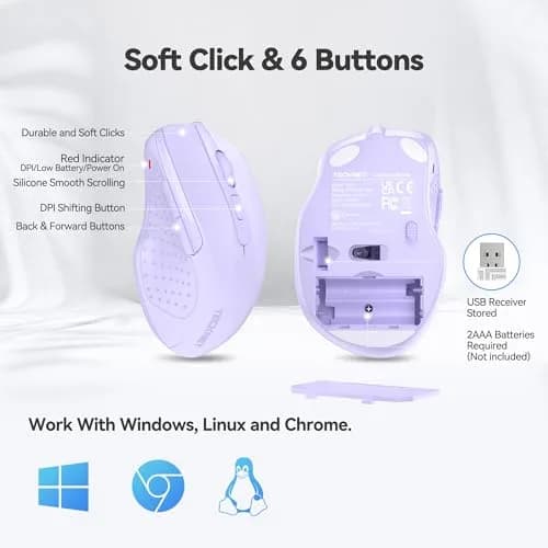 TECKNET M003 Wireless Mouse - Lavender, 2.4G Ergonomic Computer Mouse with 2600 DPI for Right-Handed Use thumbnail 4