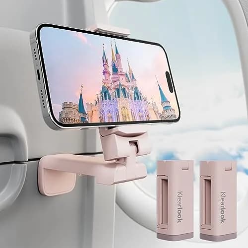 Klearlook Universal Airplane Phone Holder 2 Pack Pink | Rotatable Mount for Tray Table & Desk, Hands-Free Adjustable Stand thumbnail 1