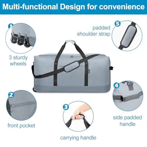 Finnhomy 120L Foldable Rolling Duffel Bag with 3 Wheels | Large Capacity, Lightweight Travel Bag (Grey) thumbnail 4
