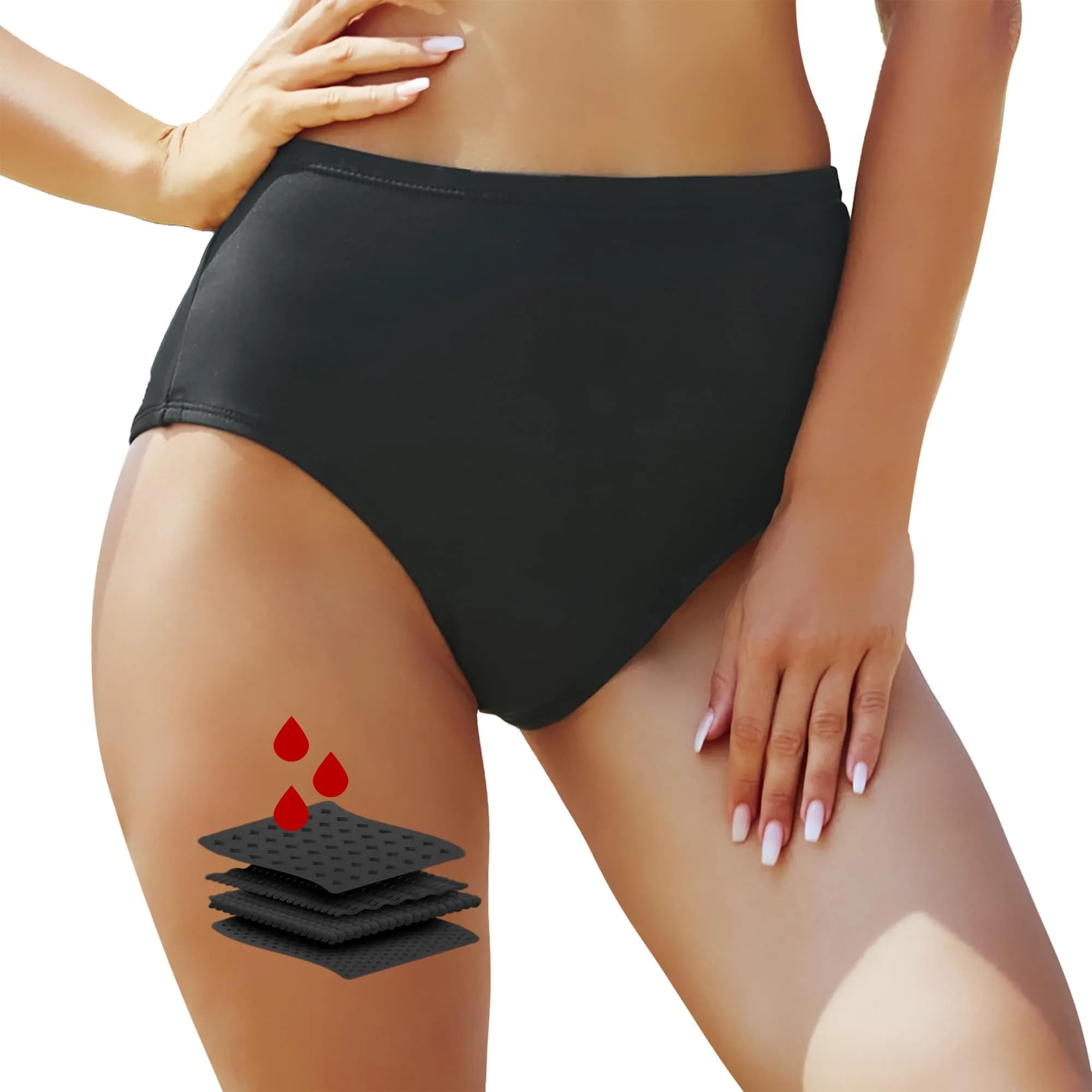 feitycom Period Swimwear Bikini Bottoms - Black Leakproof High Rise Swim Bottoms for Women (Medium)