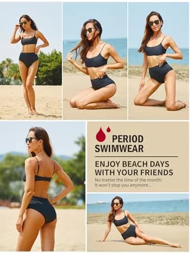 feitycom Period Swimwear Bikini Bottoms - Black Leakproof High Rise Swim Bottoms for Women (Medium) thumbnail 6