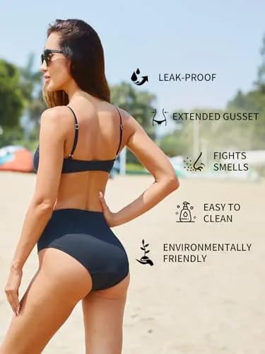 feitycom Period Swimwear Bikini Bottoms - Black Leakproof High Rise Swim Bottoms for Women (Medium) thumbnail 3