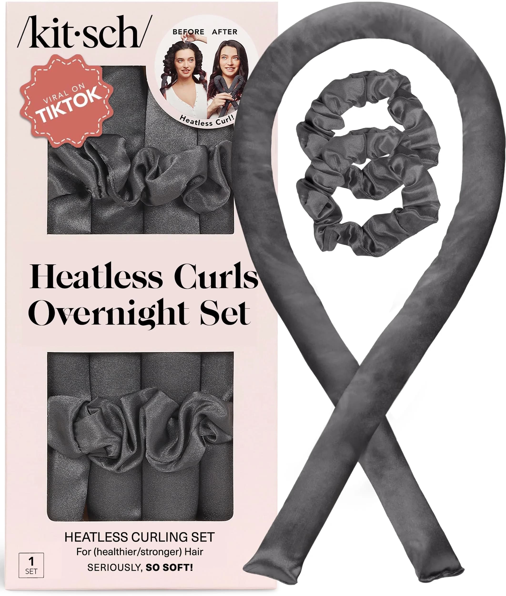 Kitsch Satin Heatless Curls Overnight Set - Charcoal | 86cm (34") Heatless Curling Rod & 2 Satin Scrunchies