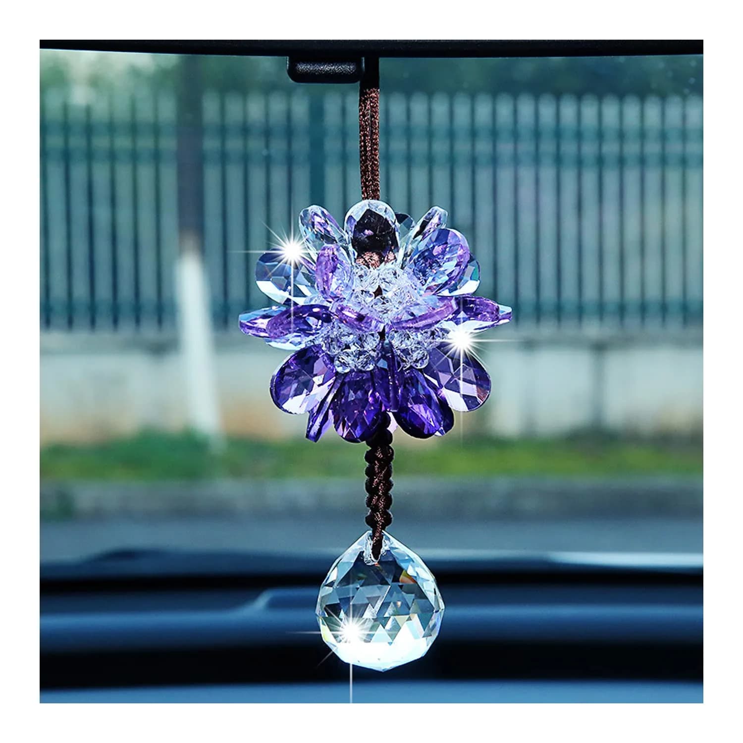 AICEL K9 Crystal Flower Rear View Mirror Pendant | Handmade Car Interior Ornament (13.8 inches total length) — White&ball, Purple Flower&ball, Colorful&ball, Purple, Pink, Gold, White, Colorful