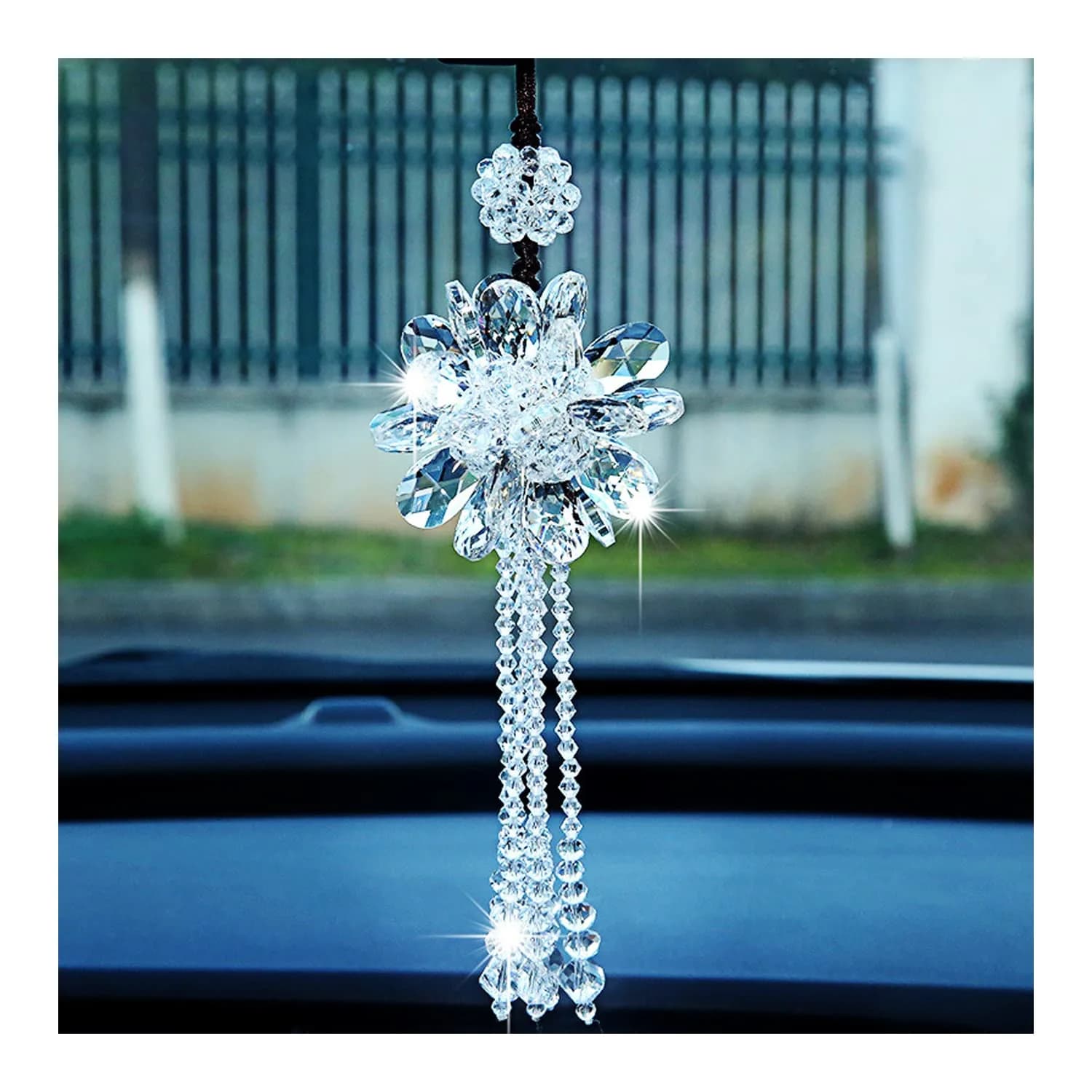AICEL K9 Crystal Flower Rear View Mirror Pendant | Handmade Car Interior Ornament (13.8 inches total length) — White