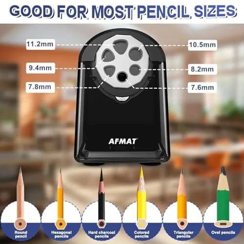 AFMAT Electric Pencil Sharpener for Classroom, 6 Holes, Heavy Duty, Black, 16 cm (6.9 in) | Auto Stop & Save Pencils thumbnail 2