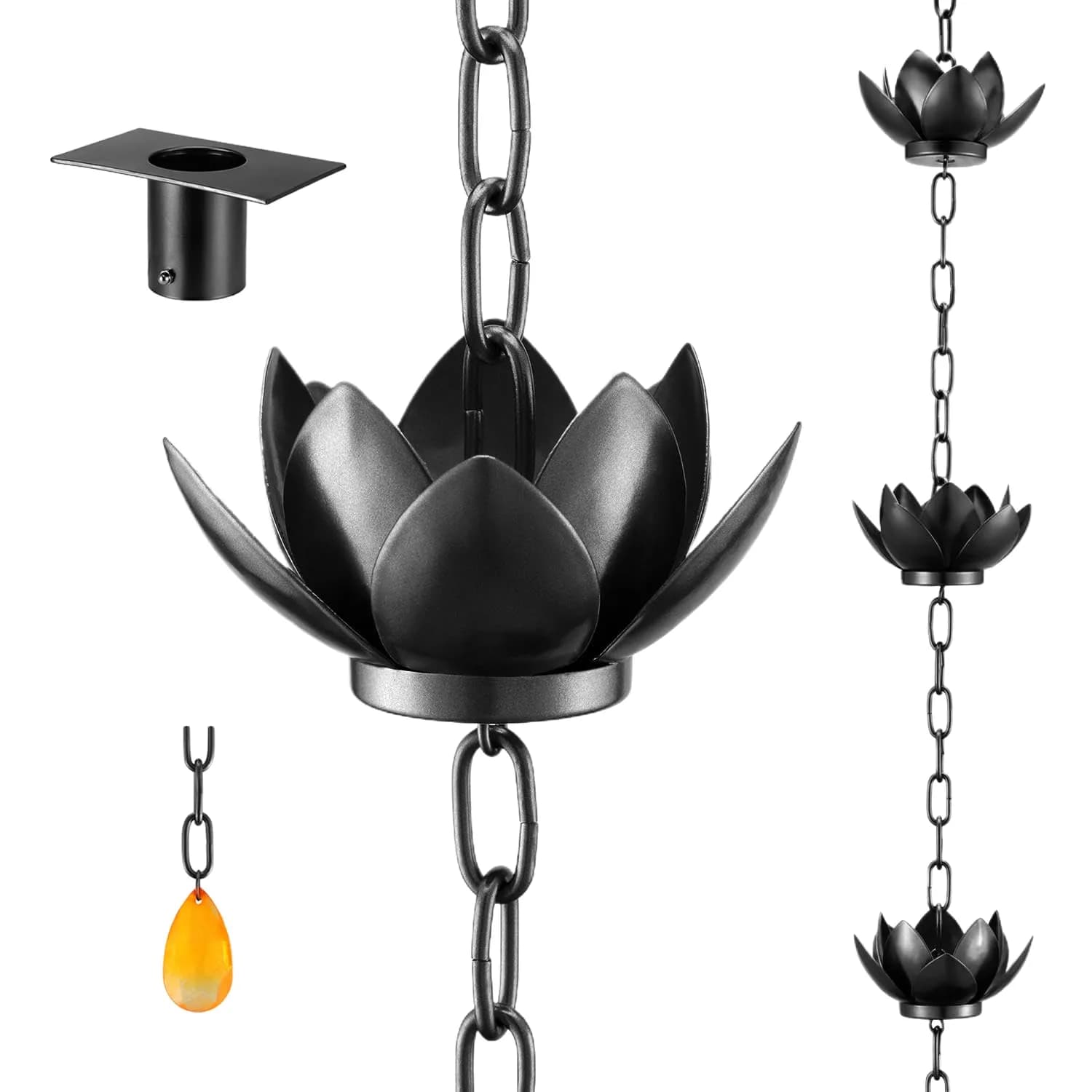 Oak Leaf Lotus Rain Chain 2.59m (8.5ft) with Adapter | Copper Powder Coated Decorative Gutter Downspout Alternative — Lotus Flower-Black Powder Coated