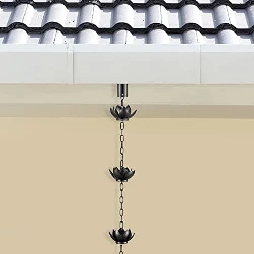 Oak Leaf Lotus Rain Chain 2.59m (8.5ft) with Adapter | Black Powder Coated, 12 Cups, Adjustable thumbnail 5