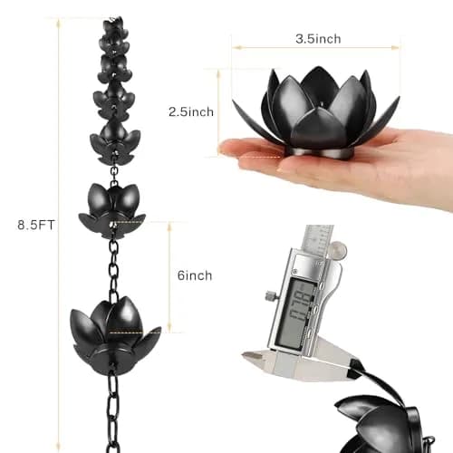 Oak Leaf Lotus Rain Chain 2.59m (8.5ft) with Adapter | Black Powder Coated, 12 Cups, Adjustable thumbnail 3