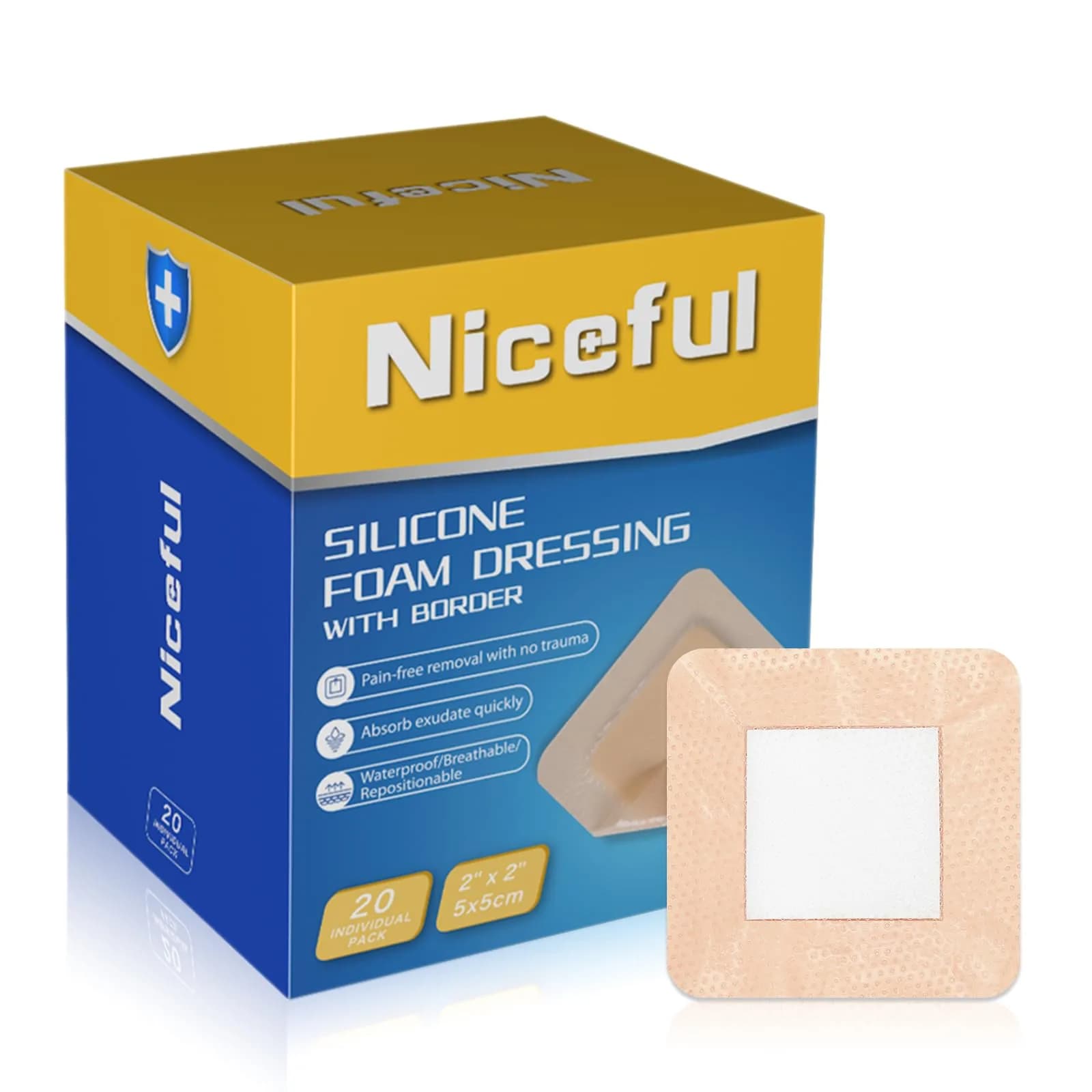 Niceful Silicone Foam Dressing Gentle Border 2"x2" (5cm x 5cm) | 5-Layer Absorbency for Moderate to High Exudate Wounds