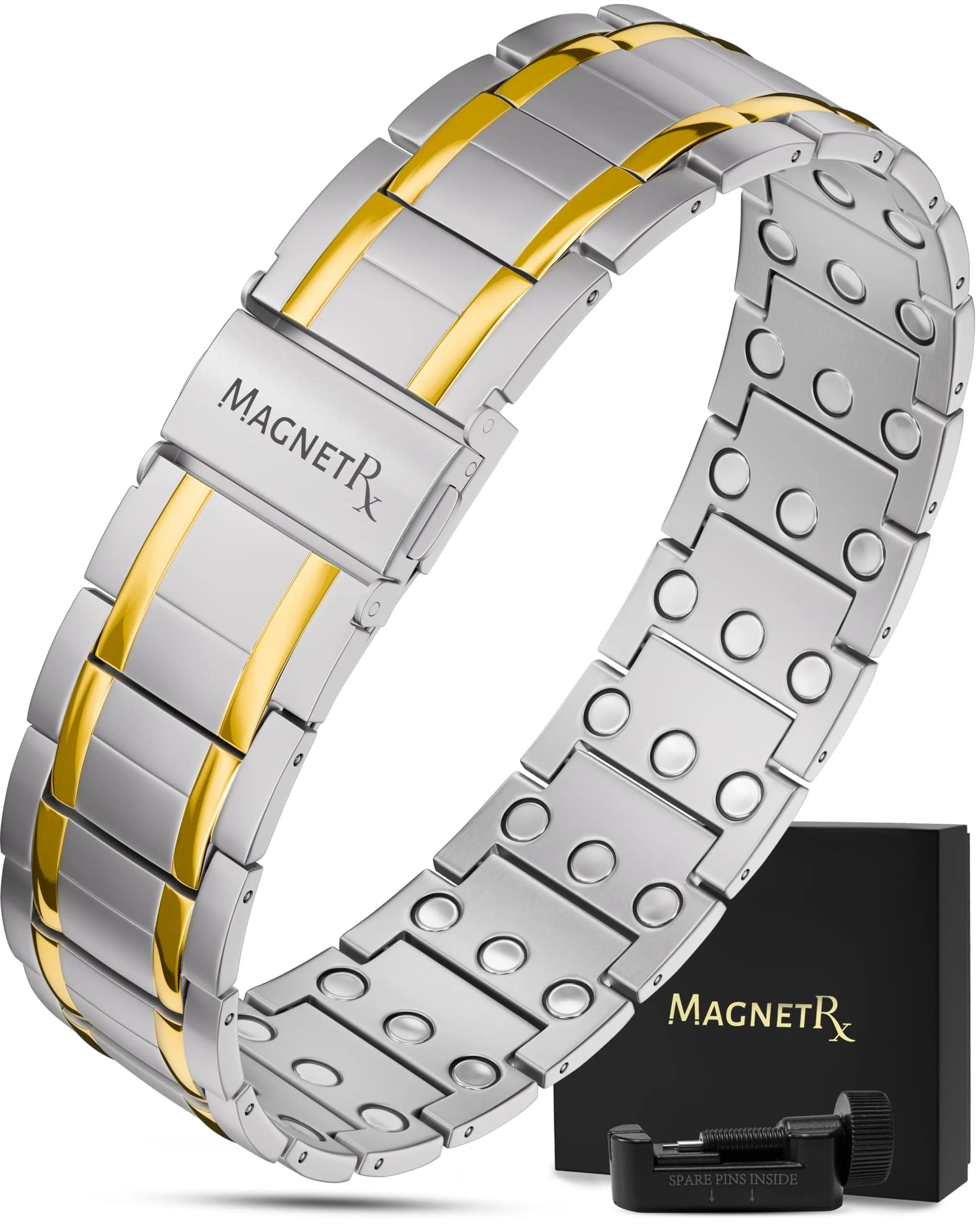 MagnetRX® 3X Strength Titanium Magnetic Bracelet for Men (Silver) 23.11 cm (9.1 inches) | Triple Strength Relief — Silver & Gold (3X Strength)