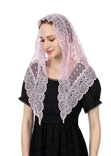 Wgior Triangle Vintage Inspired Lace Chapel Veil 54in x 25.5in | Elegant Church Head Covering in Purple thumbnail 2