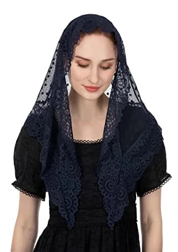 Wgior Lace Chapel Veil Navy Blue | Vintage Inspired Catholic Mass Head Covering thumbnail 1