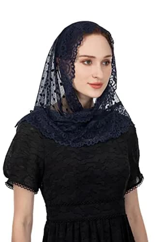 Wgior Lace Chapel Veil Navy Blue | Vintage Inspired Catholic Mass Head Covering thumbnail 5