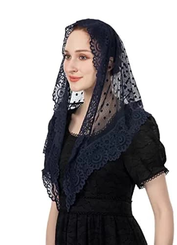Wgior Lace Chapel Veil Navy Blue | Vintage Inspired Catholic Mass Head Covering thumbnail 3