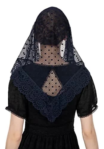 Wgior Lace Chapel Veil Navy Blue | Vintage Inspired Catholic Mass Head Covering thumbnail 4