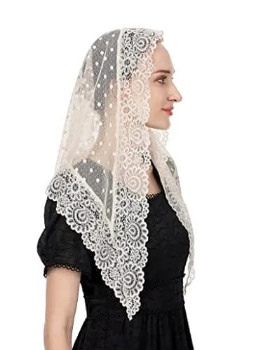 Wgior Triangle Vintage Inspired Lace Chapel Veil Ivory | Elegant Church Head Covering thumbnail 4