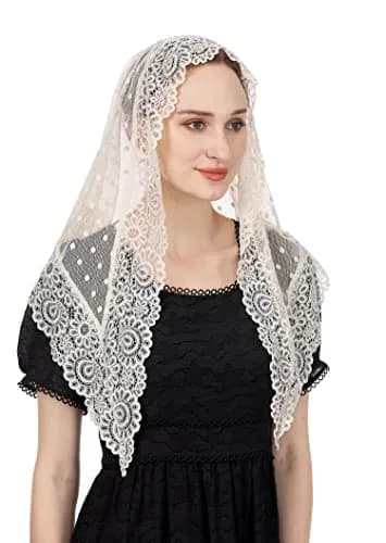 Wgior Triangle Vintage Inspired Lace Chapel Veil Ivory | Elegant Church Head Covering thumbnail 2