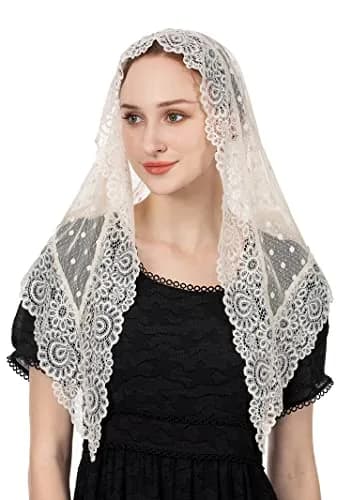Wgior Triangle Vintage Inspired Lace Chapel Veil Ivory | Elegant Church Head Covering thumbnail 3