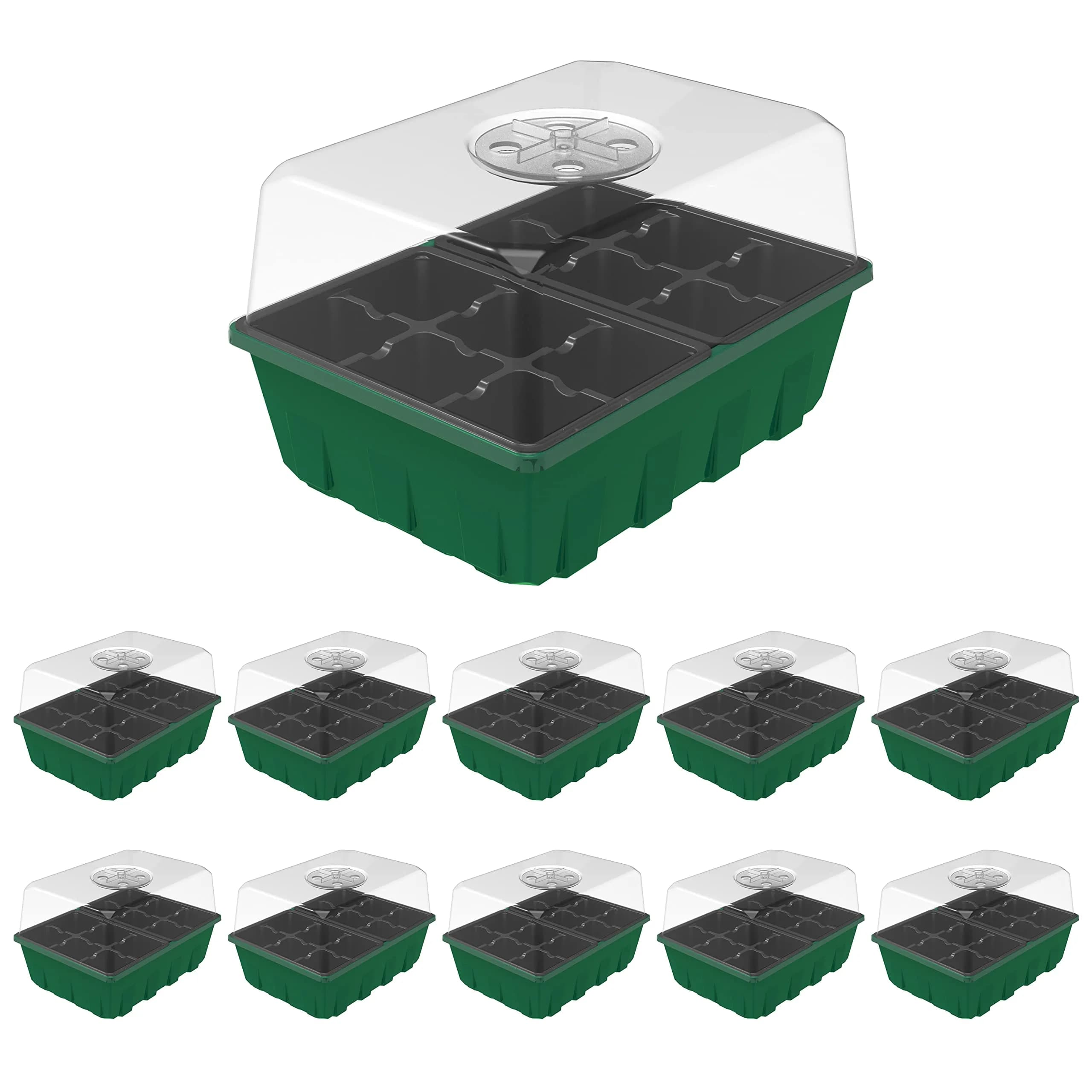Gardzen 10 Pack Seed Starter Trays with Dome and Green Base 120 Cell | Grow Seedlings Indoors