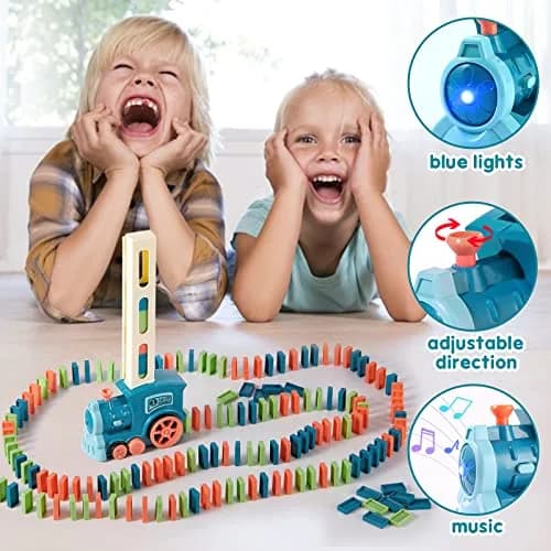 BAIWER Domino Train Toy with Lights & Music, 200 Dominoes & Cactus Spinner | Educational STEM Set for Kids 4-8 thumbnail 2